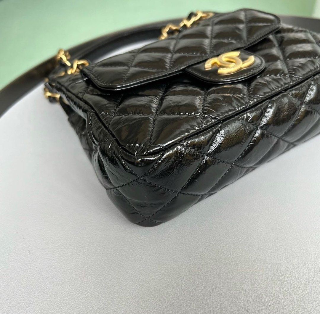 Chanel Shiny Crumpled Calfskin Quilted Small Wavy CC Hobo Black