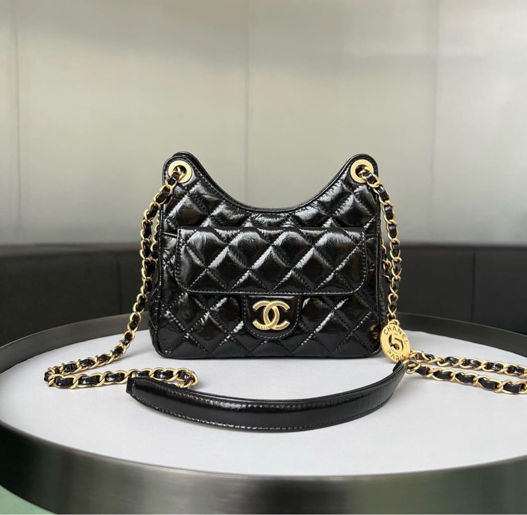 Chanel Small Black Quilted Caviar Wavy Hobo Bag