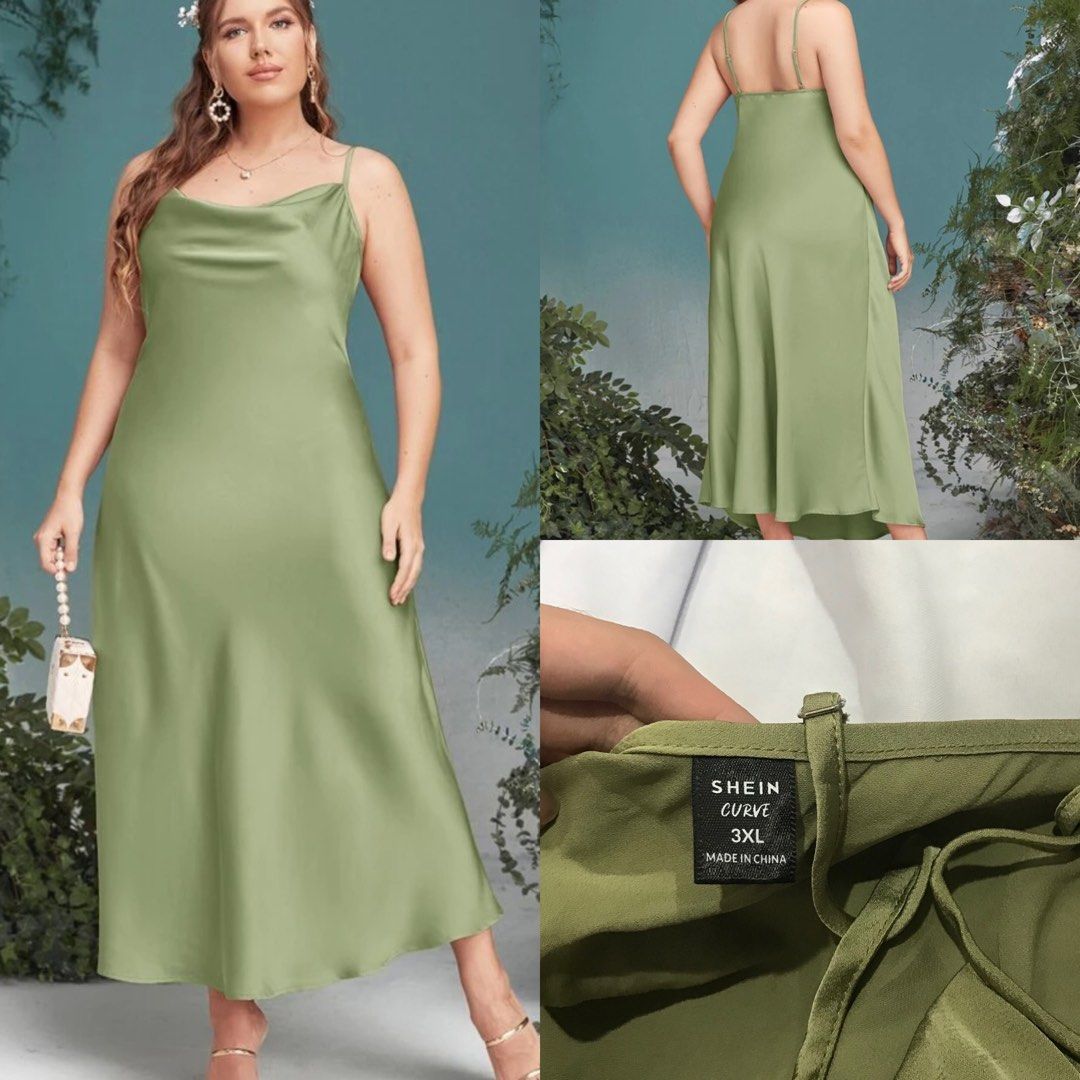 SHEIN CURVE 3XL GREEN SILK SATIN MAXI DRESS, Women's Fashion, Dresses &  Sets, Evening dresses & gowns on Carousell
