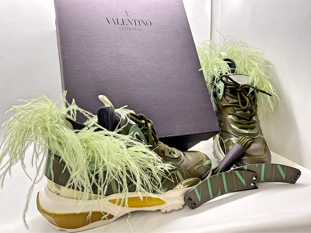 Valentino feather embellished bounce sneakers Fesyen Wanita