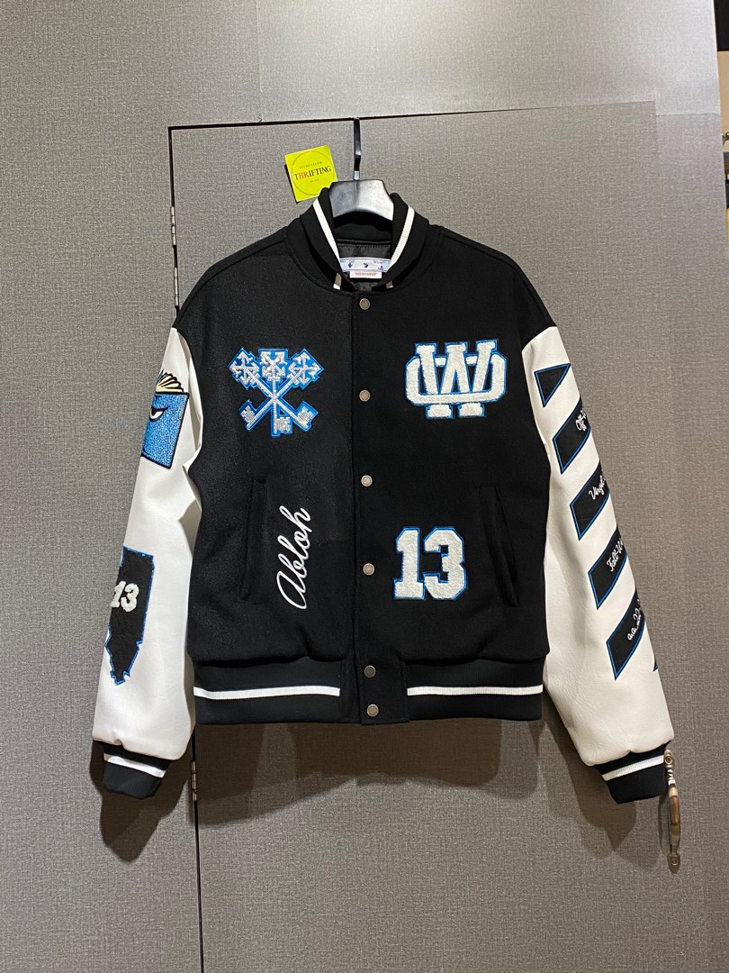Varsity Jaket off white Fesyen Pria Pakaian Baju Luaran di