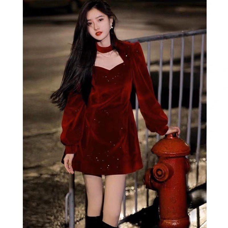 Velvet babydoll dress womens sale