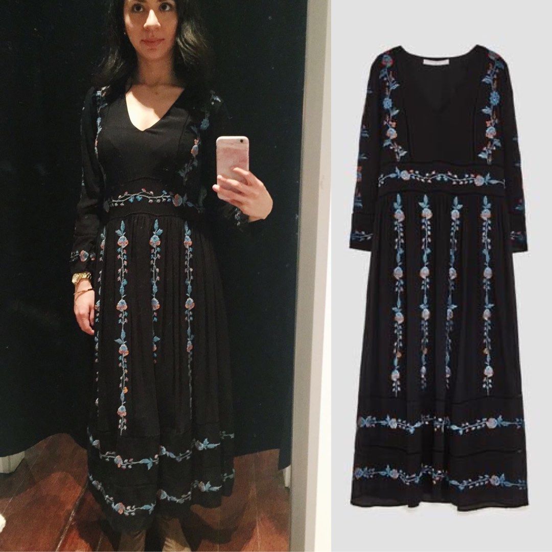 Zara boho maxi dress long dress bohemian embroidered black blue, Fesyen