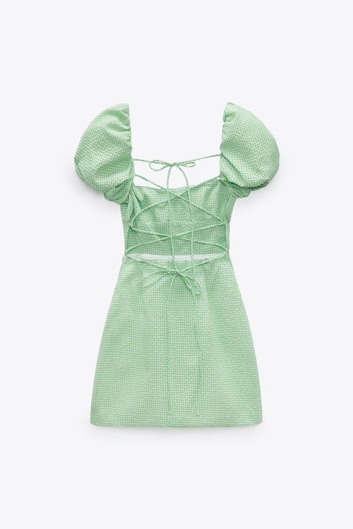 Zara Cute Green & White Textured Gingham Puff Sleeve Backless Dress,  Women's Fashion, Dresses & Sets, Dresses on Carousell