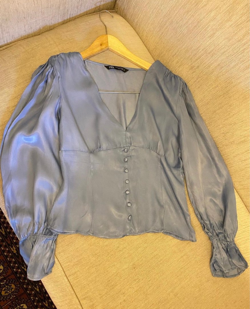 Zara Grey/Blue Top, Fesyen Wanita, Pakaian Wanita, Atasan di Carousell