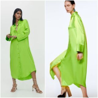 Zara Satin Neon Green Shirt Dress