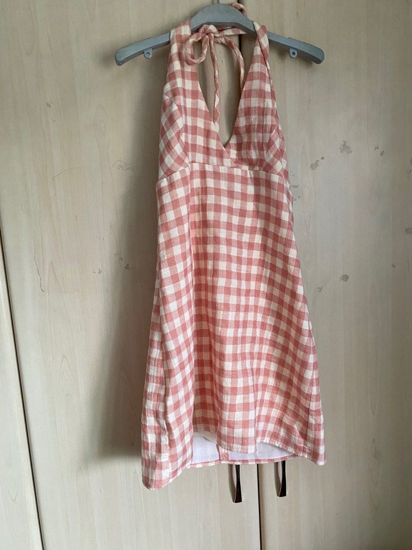 AUTH ZARA LINEN BLEND GINGHAM TIE BACK BACKLESS MINI DRESS WITH LINING