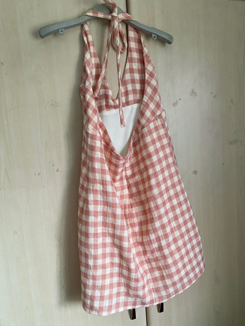 AUTH ZARA LINEN BLEND GINGHAM TIE BACK BACKLESS MINI DRESS WITH LINING
