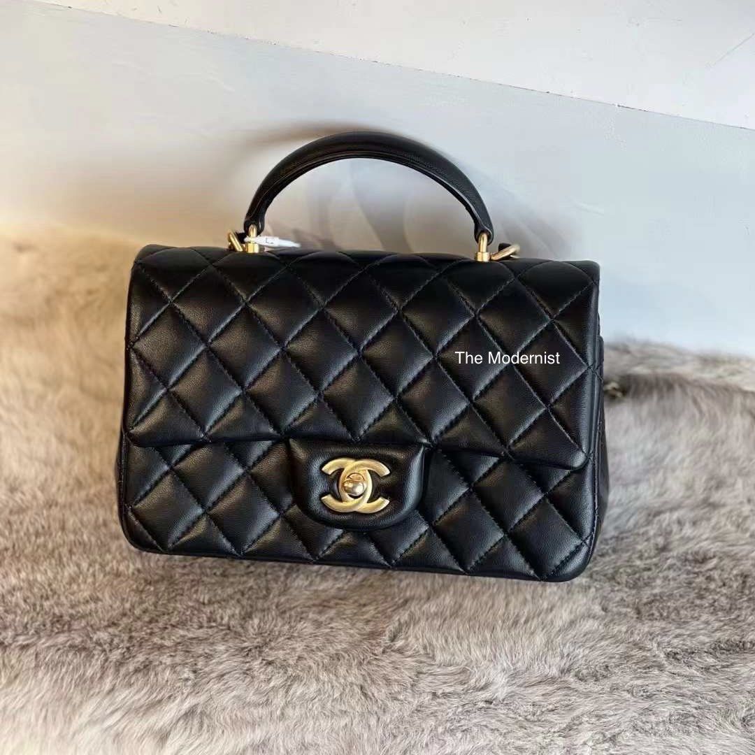 Authentic Chanel Mini Flap Bag with Top Handle Black Lambskin Gold