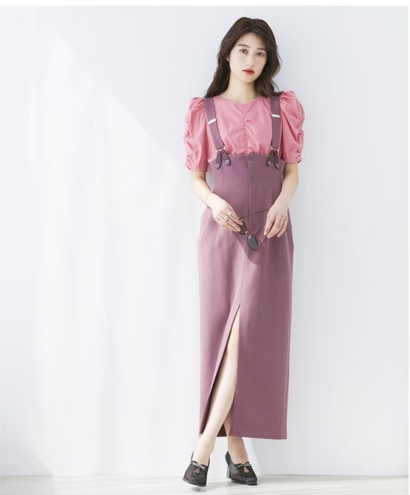 cocodeal日本品牌 2way氣質可拆式高腰吊帶開衩長裙