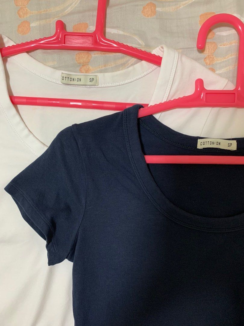 Cotton On Crop Top Bundle (white and navy blue) (Category: Shirts) located in San Pedro. Submitted by moonover (Listing ID 1207387803, Image 1). Description: Thick cloth — not see through Both size Small Very comfy! Rfs: Does not fit me anymore 🥲.