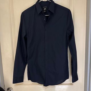 H&M男裝有領深藍長袖襯衫 (size: s)