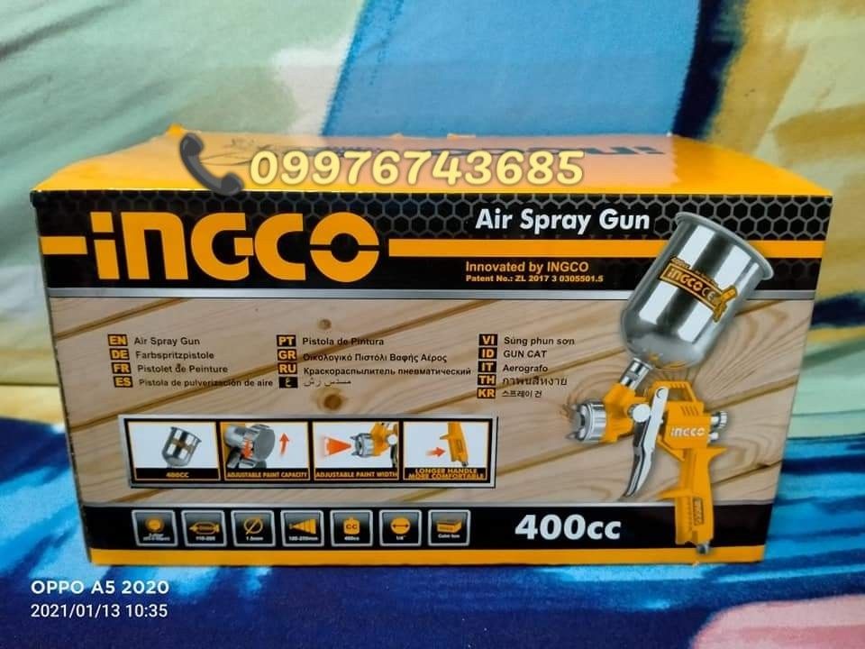 INGCO 400cc Air Spray Gun - ASG4041 (Category: Construction Tools & Equipment) located in Caloocan City. Submitted by emgaile (Listing ID 1207217826, Image 2). Description: PRICE : P899.00 INGCO Air Spray Gun - ASG4041 Model : ASG4041 Standard nozzle:1.5mm Pattern width:180-250mm Paint capacity:400cc Suitable for base coat Optional nozzle:1.2-1.8mm Operating pressure:3-4bar Air cons:4.2-7.1cfm(119-200l/min) Contact us for faster transaction. TO G