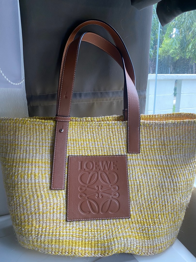Authentic Loewe raffia bag with leather handles and logo, Women's ...