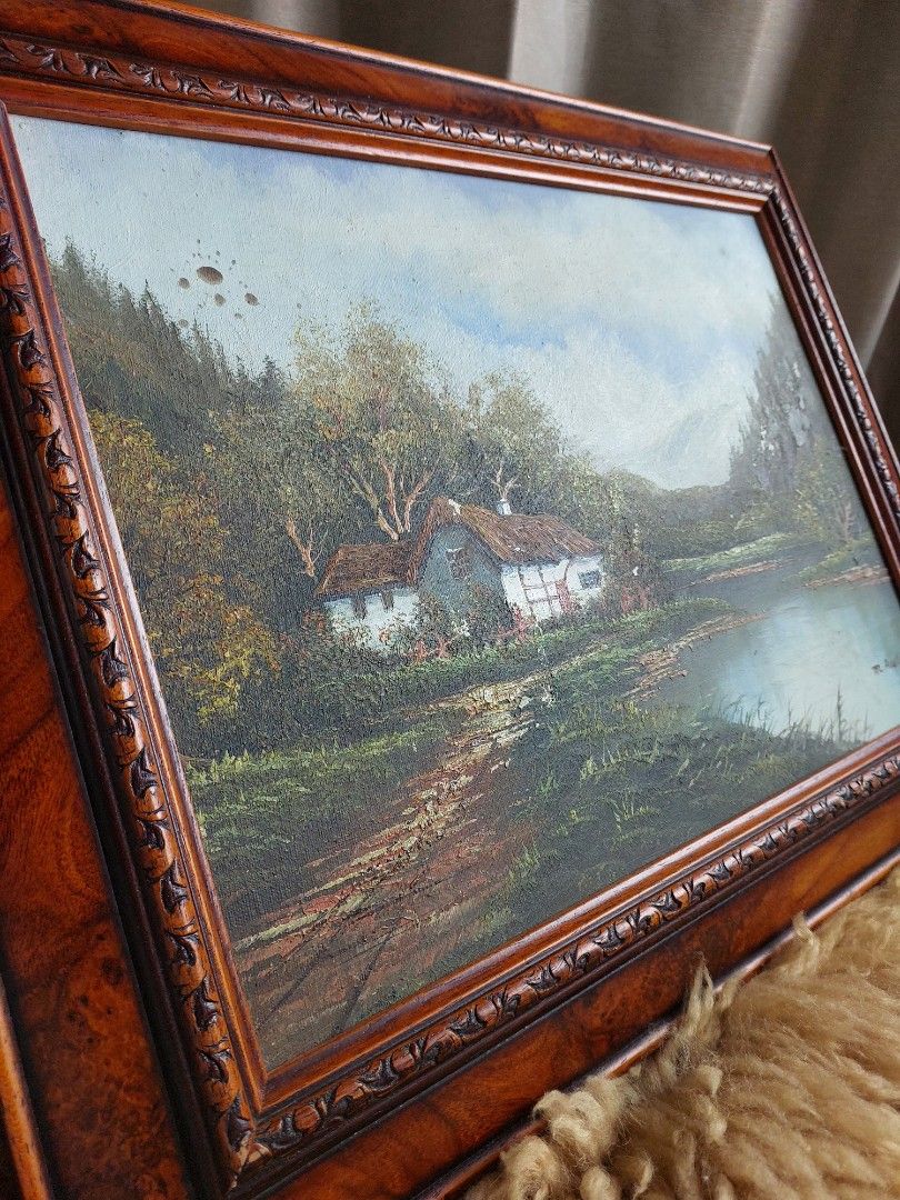 Antique Oil in Canvas Painting Landscape Cabin Lake Scene Signed by M ...