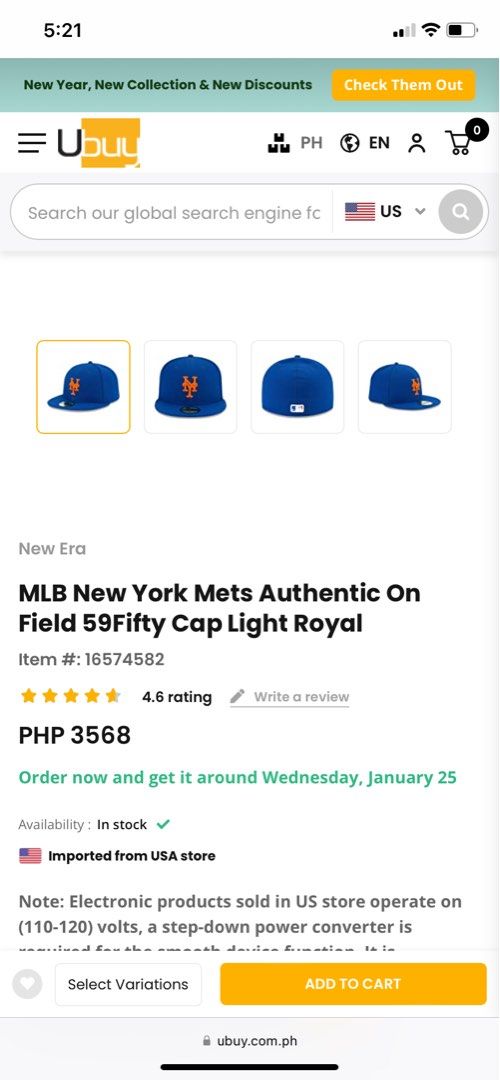 MLB New York Mets Authentic On Field 59Fifty Cap Light Royal