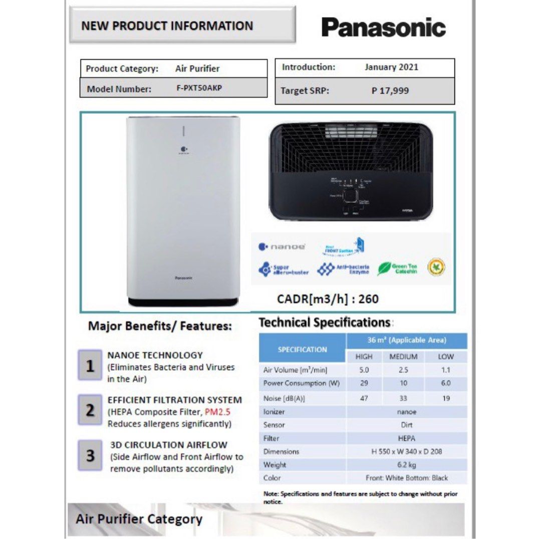 Panasonic Air Purifier with Nanoe Technology (Category: Air Purifiers & Dehumidifiers) located in Mandaluyong City. Submitted by roy.angelo (Listing ID 1207402291, Image 3). Description: ￼Original price: P18,000 Selling for: P5,000 Panasonic 36m² Non-Humidifying Nanoe™ Air Purifier Enjoy a healthy and comfortable living environment with the advanced technologies of Panasonic Air Purifier. SERIES: NON-HUMIDIFYING Applicable area m²(ft²): 36m² (387