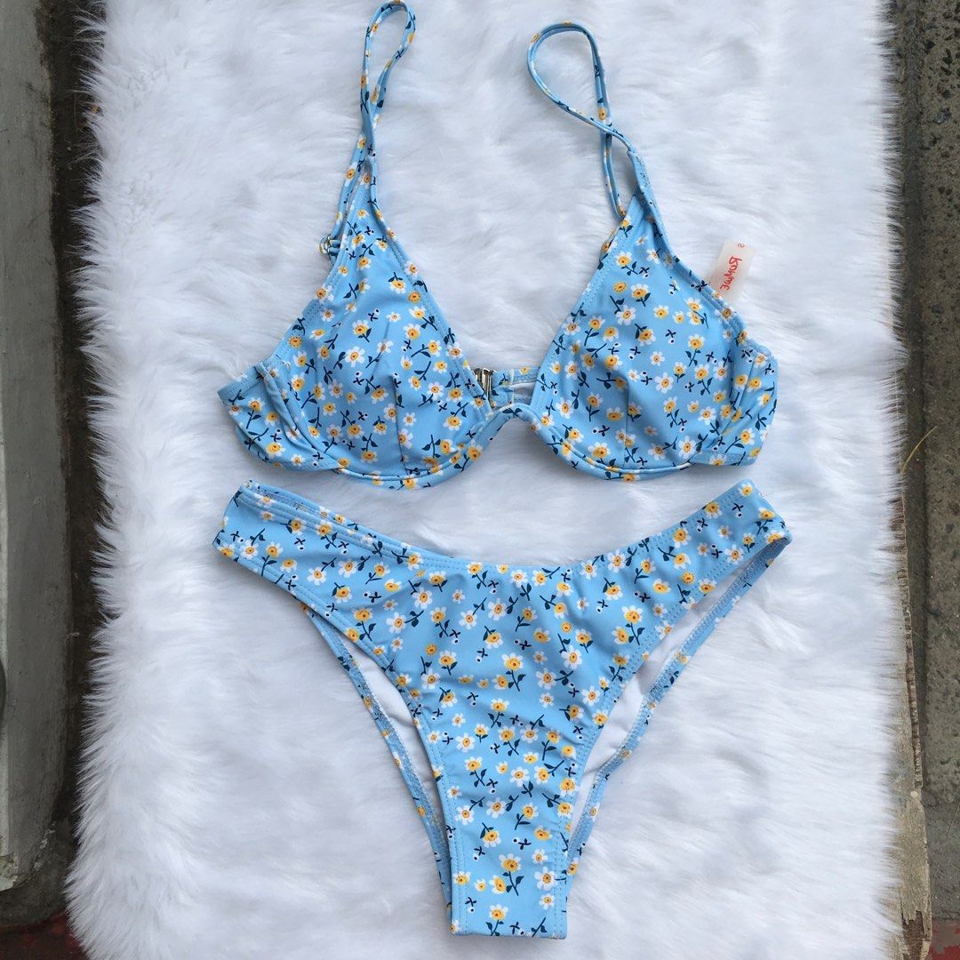 SHEIN Romwe Floral Blue Underwired Two Piece Swimsuit Bikini