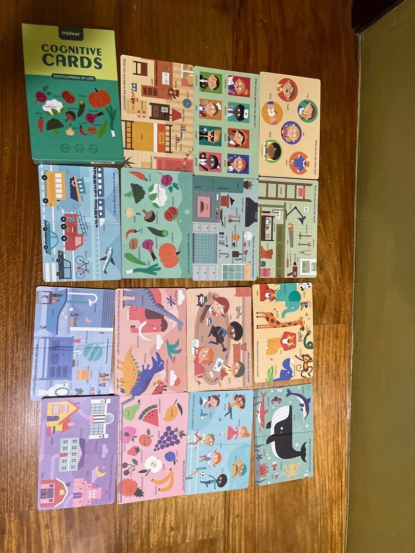 Toddler’s Mideer Cards (Category: Educational & Learning Toys) located in Quezon City. Submitted by tomato_pasta (Listing ID 1207220404, Image 3). Description: A few cards have folds but the pictures and words are in good colors and readable; P300 each 1. Encyclopaedia of Life 2. Based on the Cognition - 1 missing card.