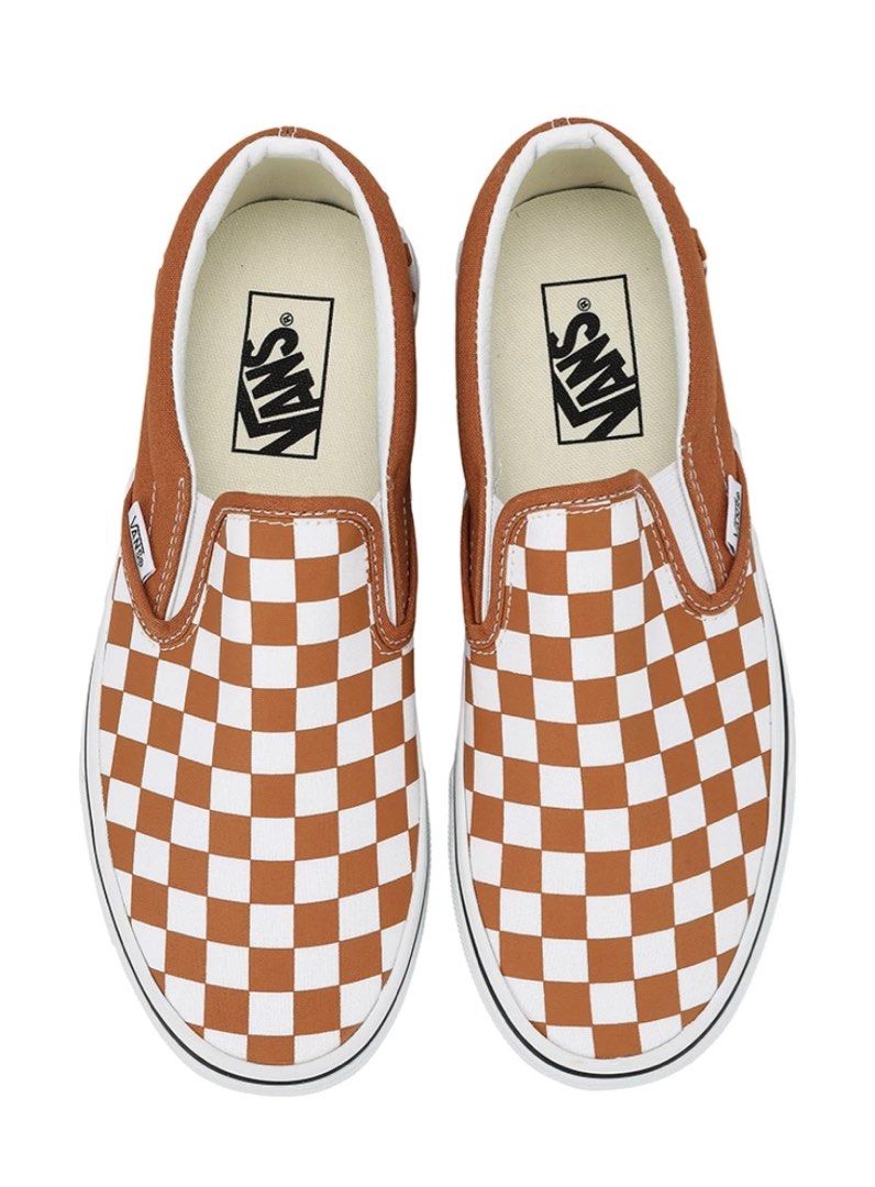 brown checkered vans slip on