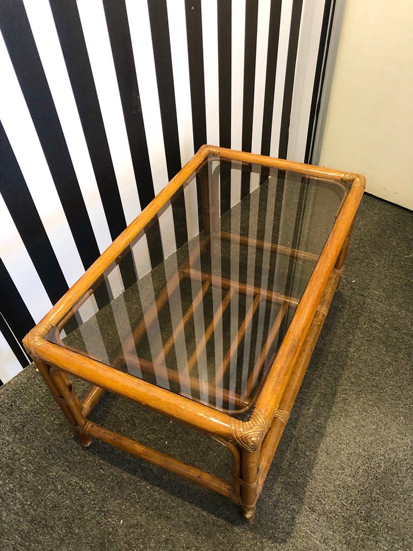 Vintage rattan glass coffee table, Furniture & Home Living, Furniture, Tables & Sets on Carousell
