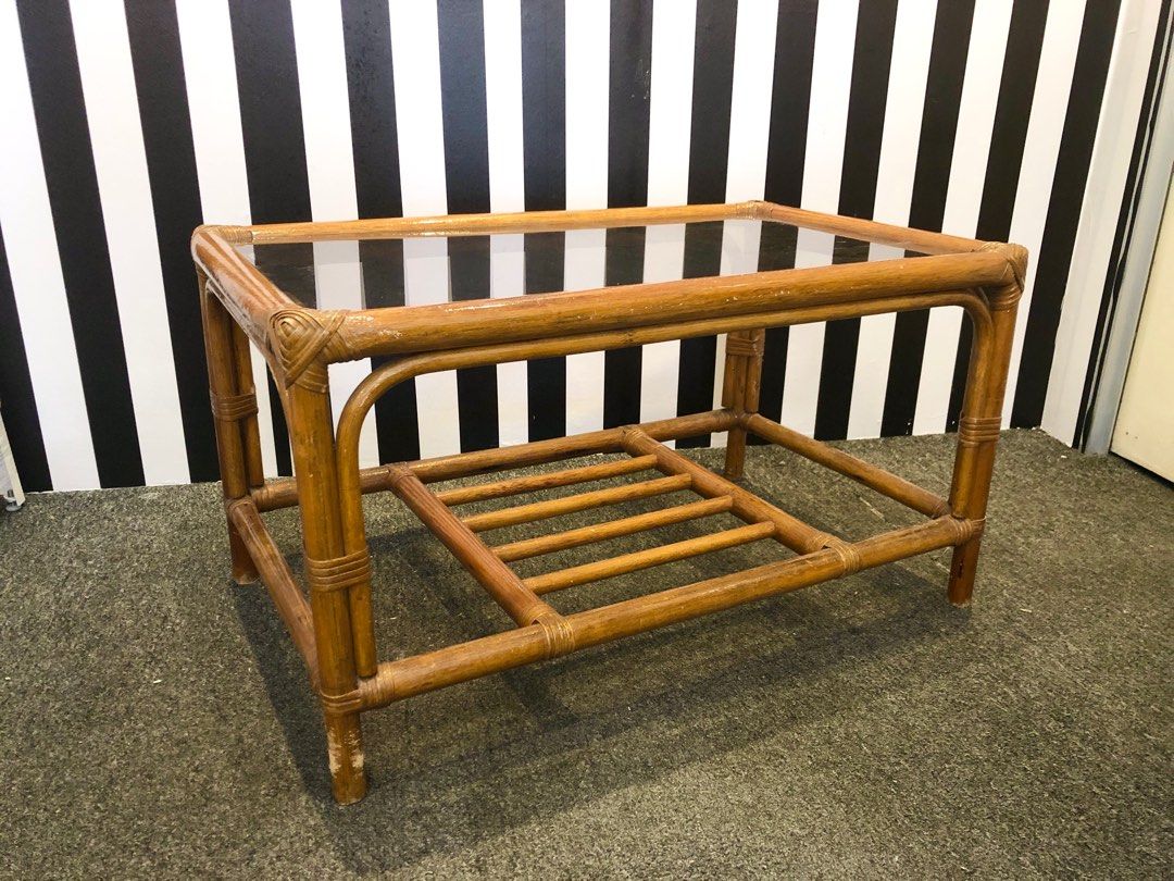 Vintage rattan glass coffee table, Furniture & Home Living, Furniture, Tables & Sets on Carousell