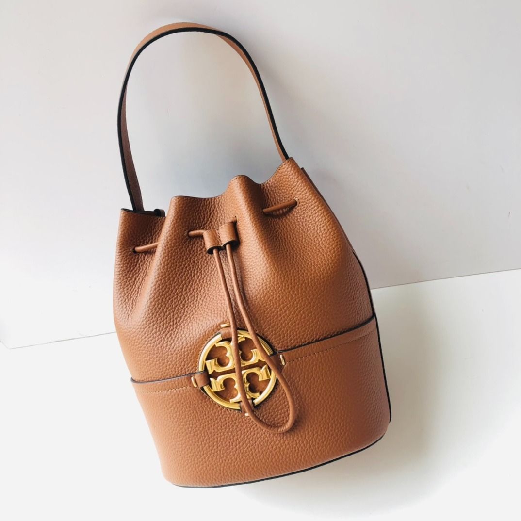 Tory burch TB 79323 new lady brown miller double T logo head layer litchi  pattern leather bucket bag shoulder bag side backpack women's bag, Luxury,  Bags & Wallets on Carousell