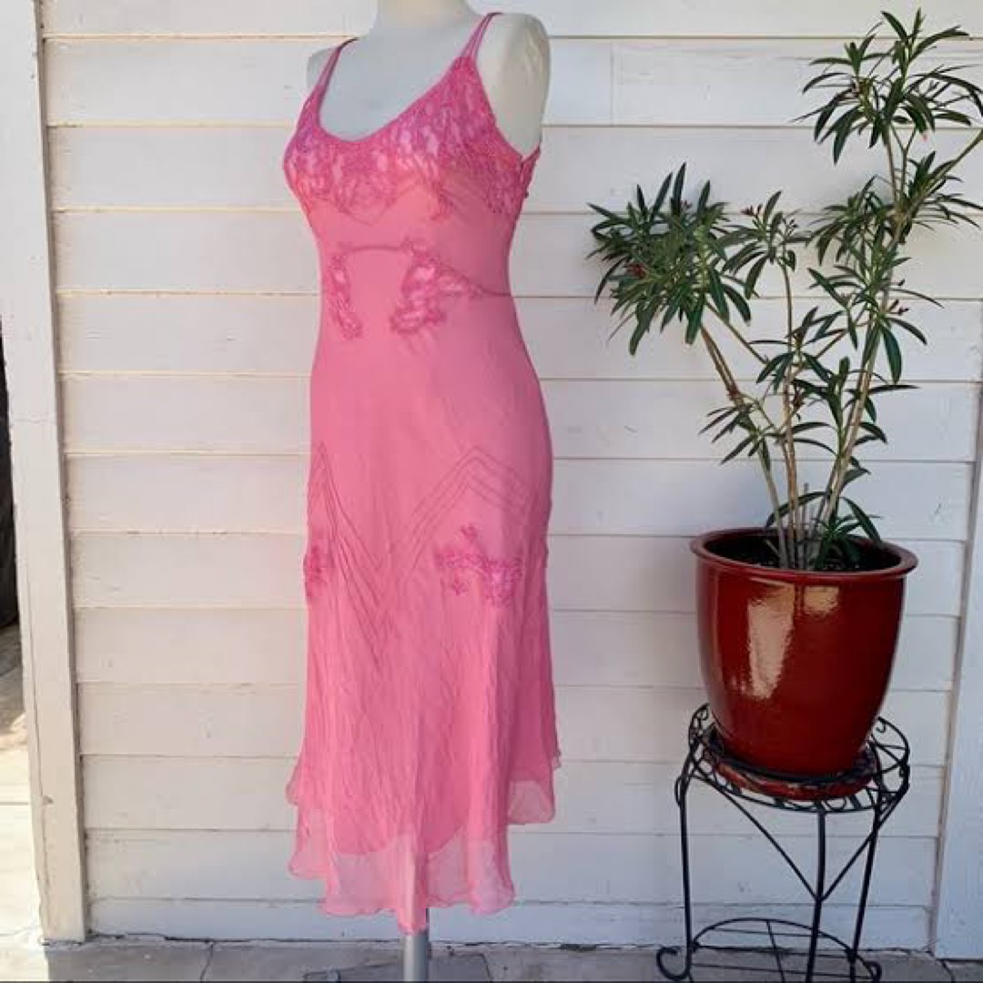 Vintage Betsey Johnson Y2K Pink Silk Midi Dress Beaded Floral Slip ...