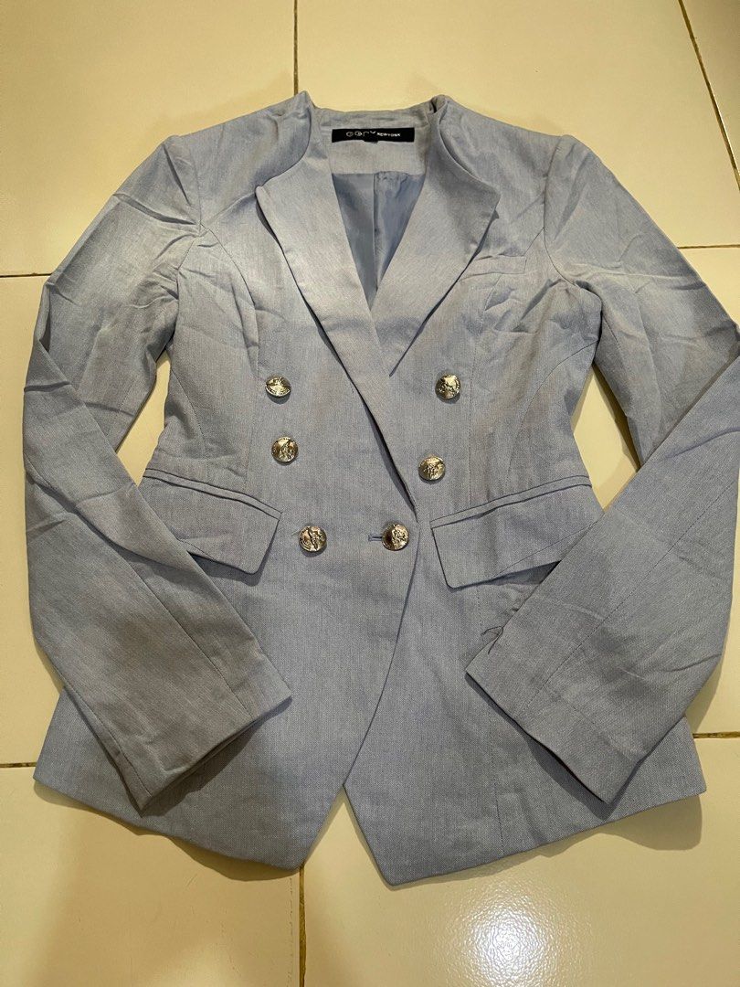 Blazer biru denim model kancing balmain blezer, Fesyen Wanita