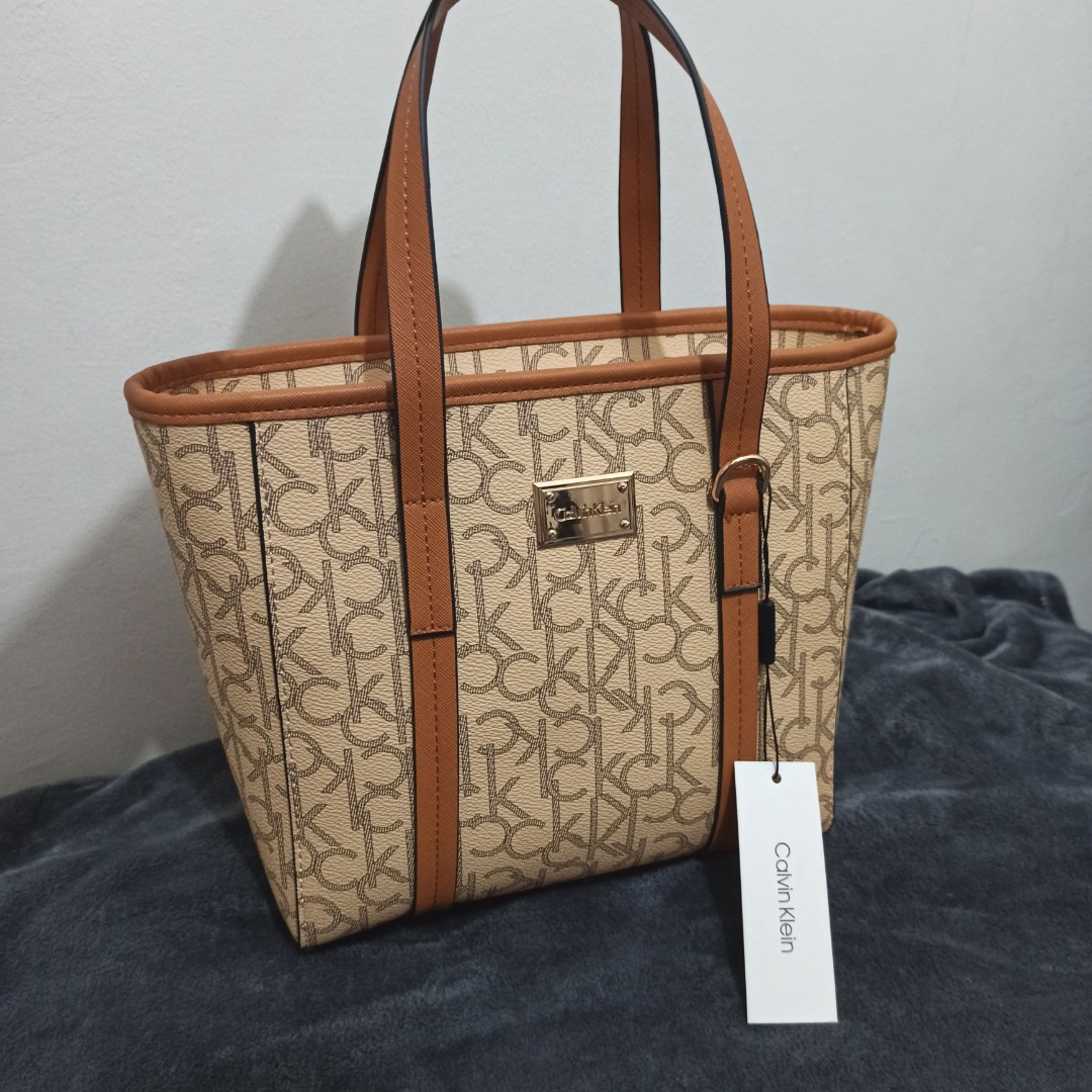 Calvin Klein Monogram Studded Tote in Brown