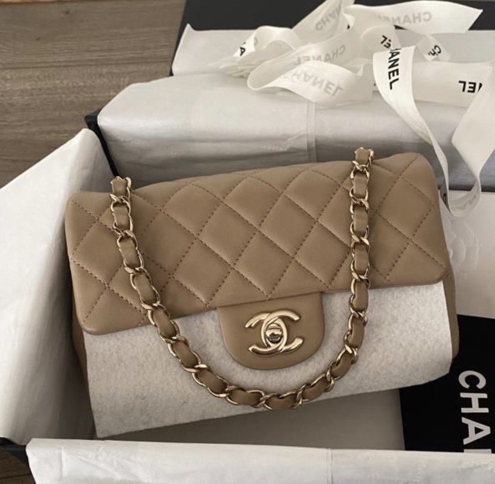 Chanel mini rectangular dark beige/taupe, Luxury, Bags & Wallets