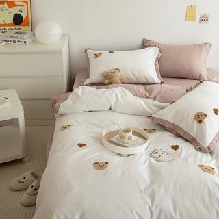 《Chih shop》【預購】韓式🇰🇷ins風刺繡小熊雙人單人四件套水洗棉床包 小清新簡約四件套 雙人床包