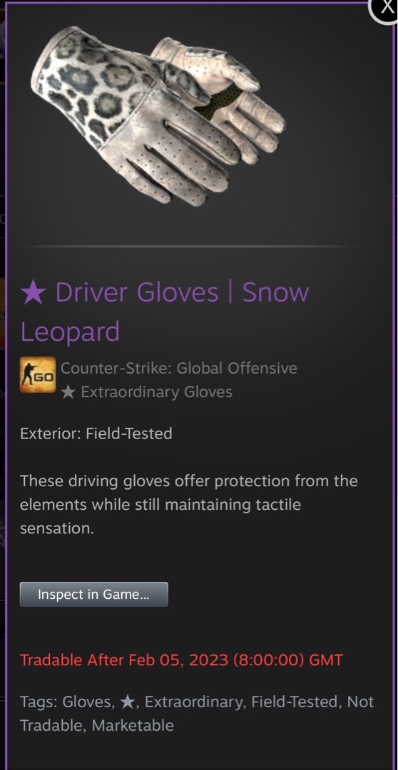 CSGO Driver Gloves Snow Leopard FT, Video Gaming, Gaming Accessories
