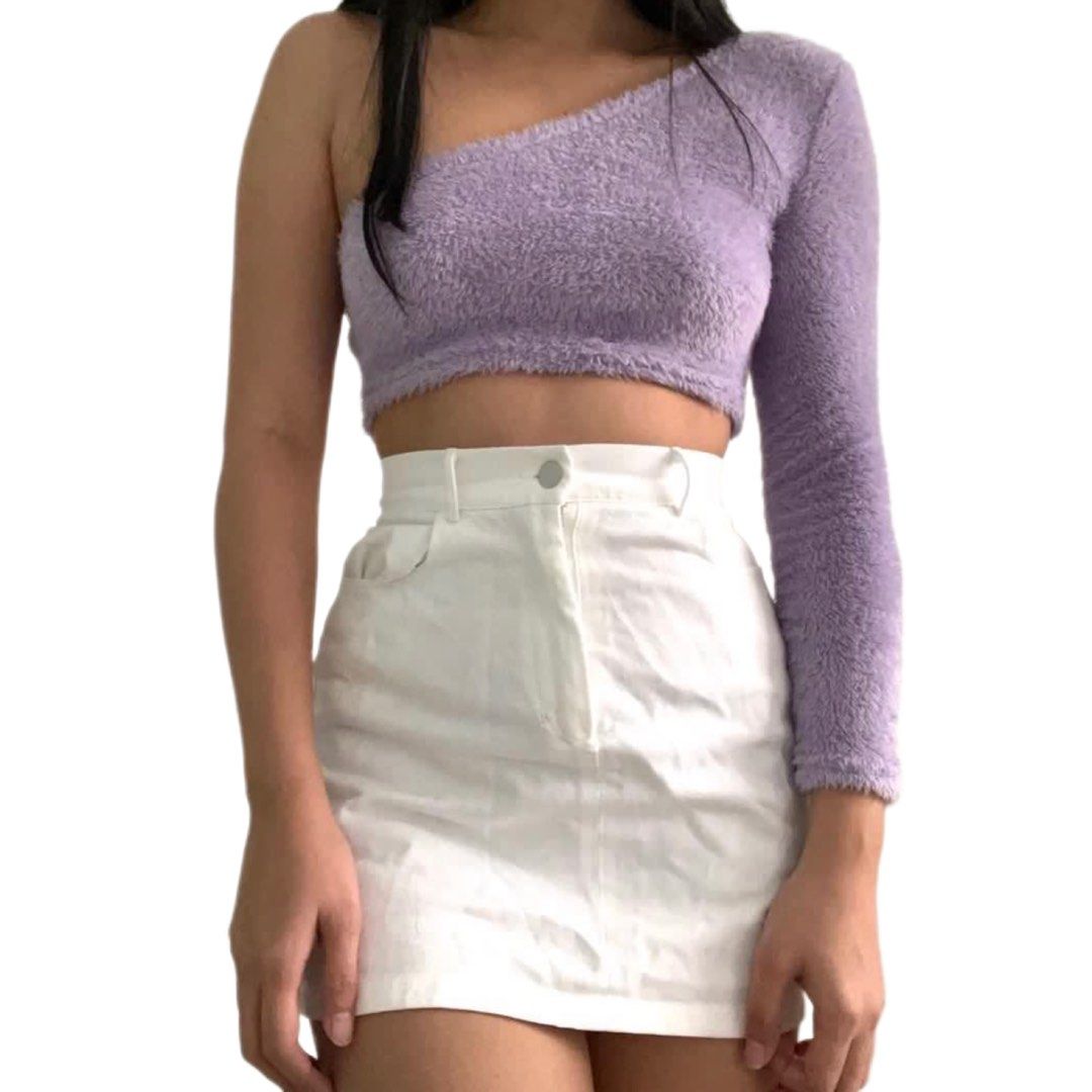 Fuzzy One Shoulder Long Sleeve Crop Top Women s Fashion Tops