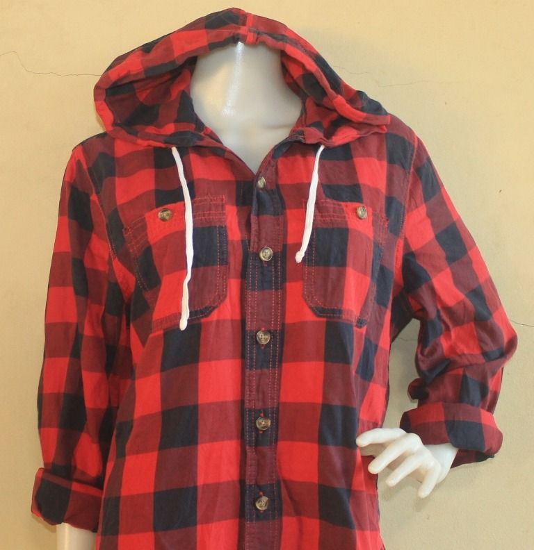 HOLLISTER Hooded Red Tartan Plaid Checkered Longsleeves Top Jacket