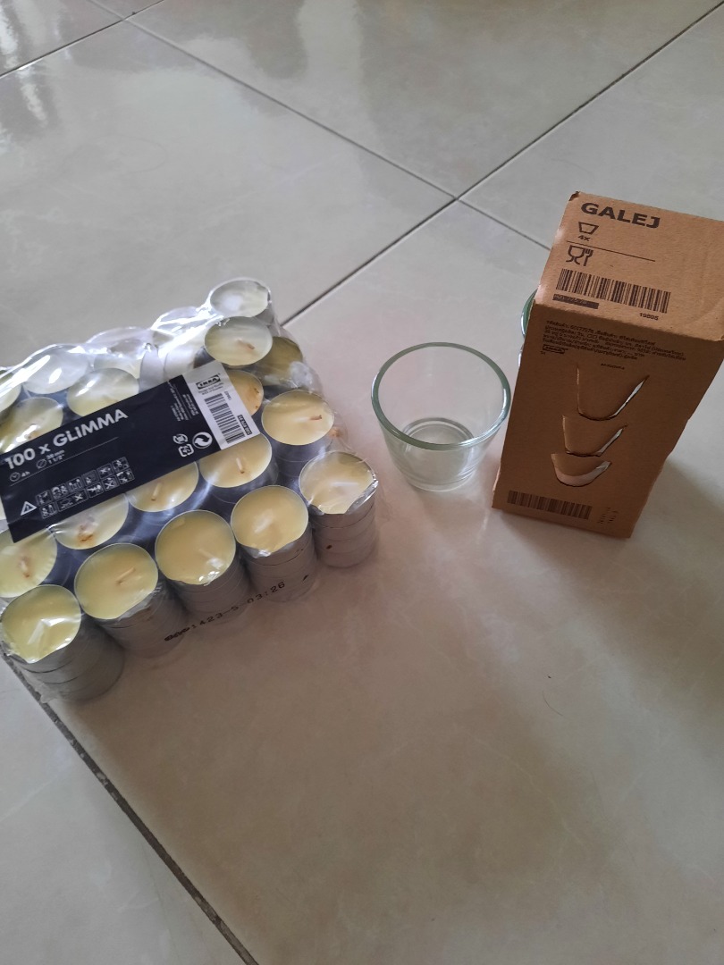 IKEA GALEJ candle glass holder and GLUMMA candles, Furniture & Home
