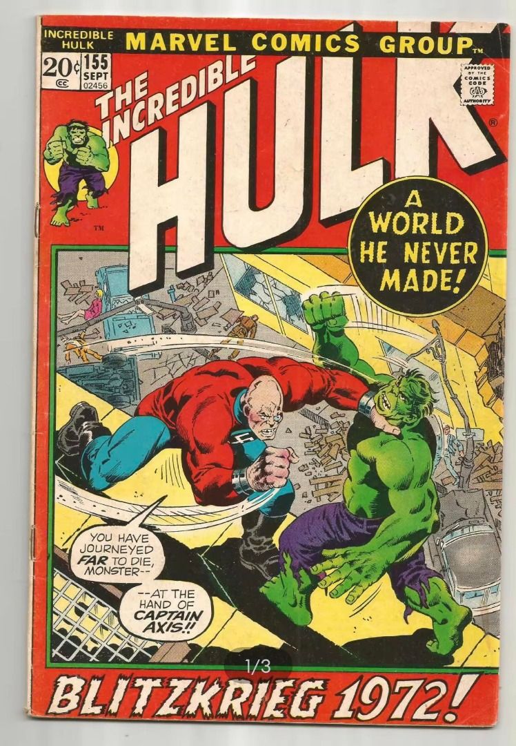 Incredible Hul k 155 by Marve l Comic Book Printed 1972 Original Comic ...