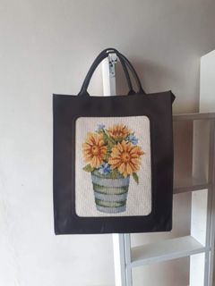 Japan brown canvas bag with embroidery sunflower