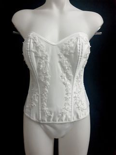 Medium 💋 BNWT Satin White Beaded Bustier Corset & Thong By SHIRLEY Of Hollywood