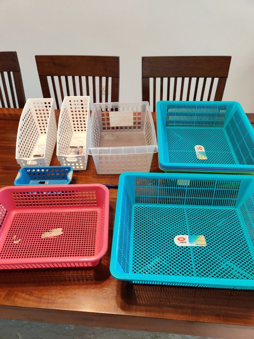 Plastic baskets 5 large, 2 standing file organizer, 3 individual