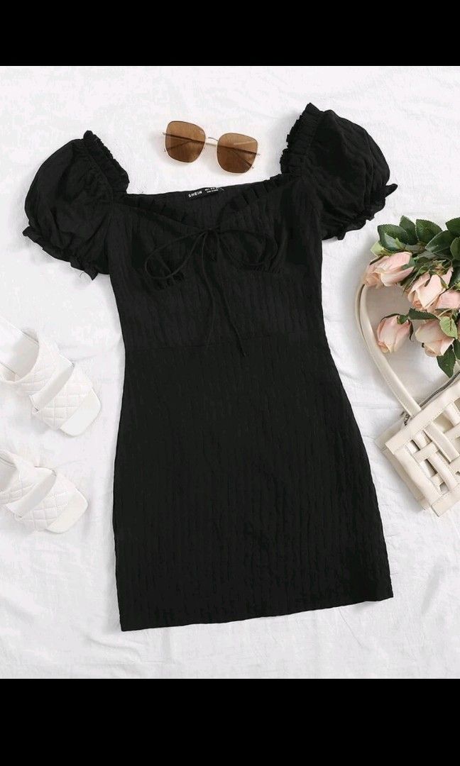 Plus size tie neck frill trim ruched bust dress, Women's Fashion, Dresses u0026  Sets, Dresses on Carousell