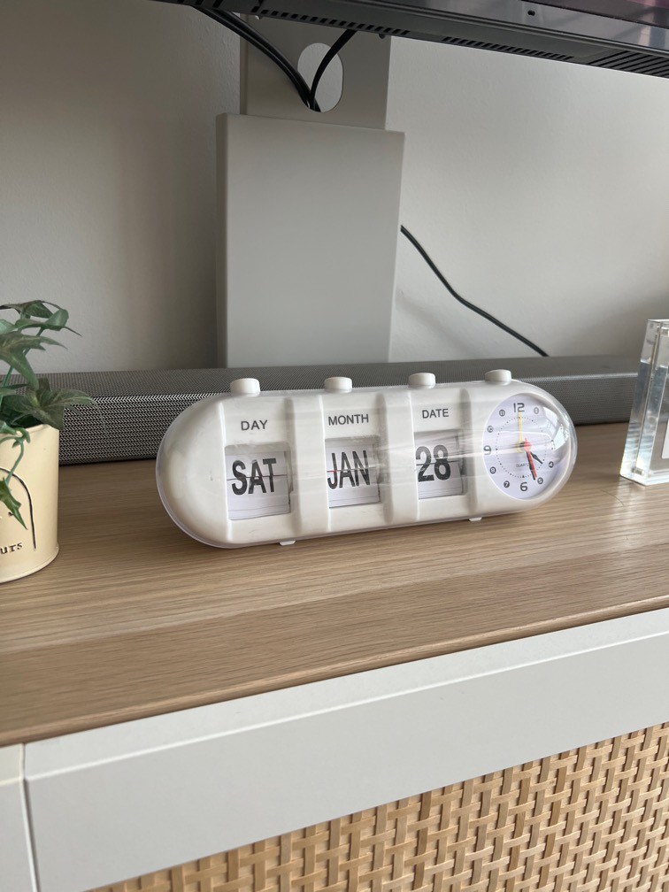 Retro White Flip Clock with Perpetual Calendar, Furniture & Home Living