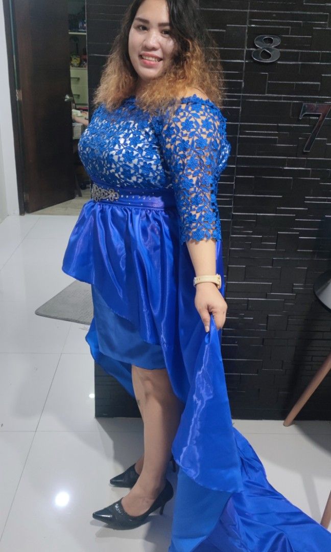 Full Length Dress with ILLusion NECK Royal Blue Plus Size