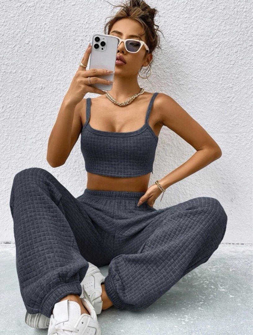 shein crop cami top and sweatpants dark grey, Women's Fashion, Dresses u0026  Sets, Sets or Coordinates on Carousell