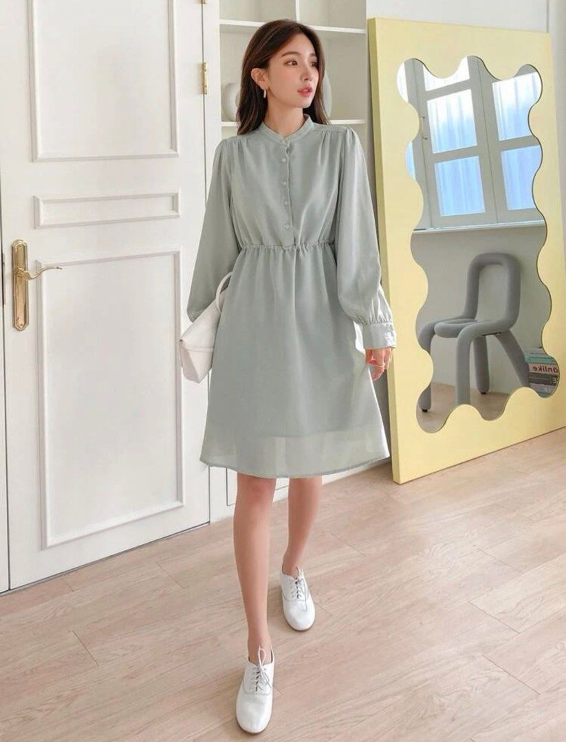 SHEIN Korean mint dress office lady, Women's Fashion, Dresses & Sets
