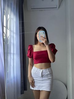 SHOP MARRA! RED MAROON SABRINA TIE BACK PUFF TOP