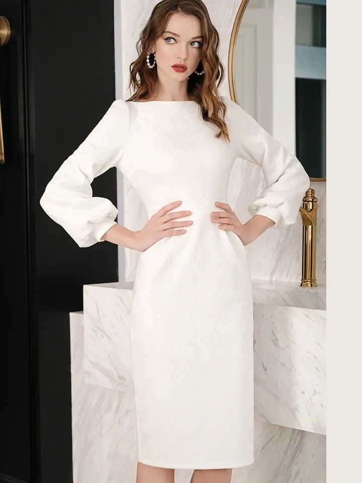 White long sleeve knee length dress sale