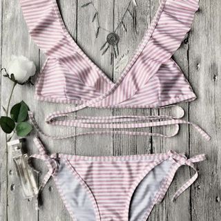 Zaful Pink Stripes Tie Bikini Swimsuit