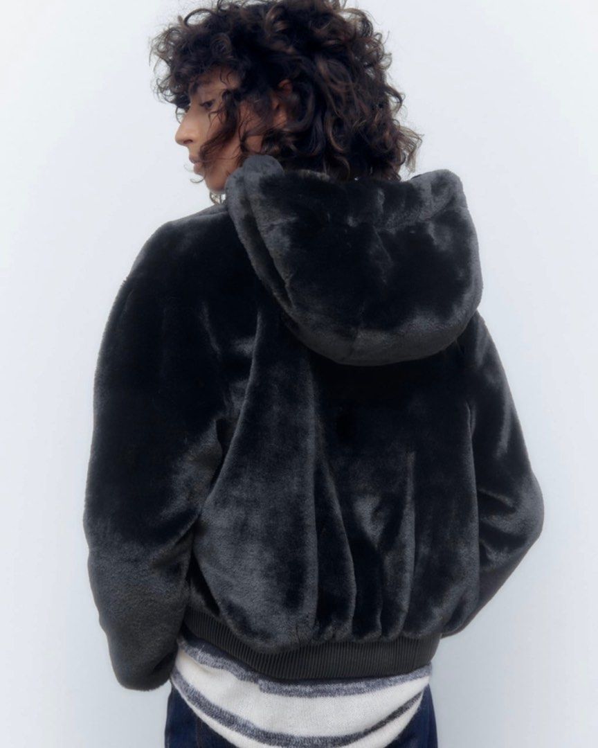 Zara black faux fur hooded jacket outlet