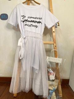 白色棉質剪接白紗洋裝